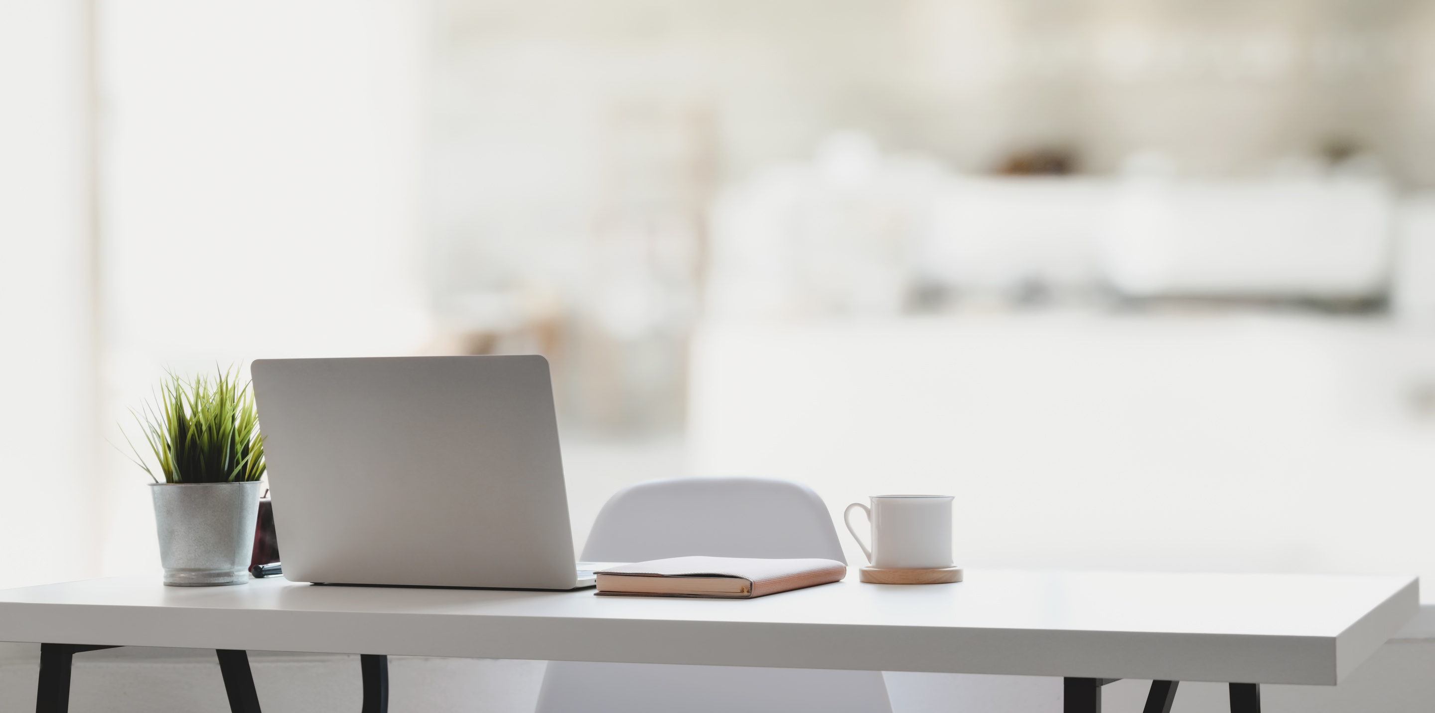 Laptop and plant placed on desk with book and coffee in modern workplace